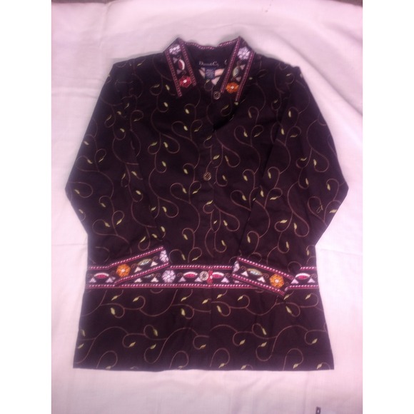 Jackets & Blazers - Vtg Denim & Co Blk Denim Trench Coat Embroidered Floral Multicolor‎ Small